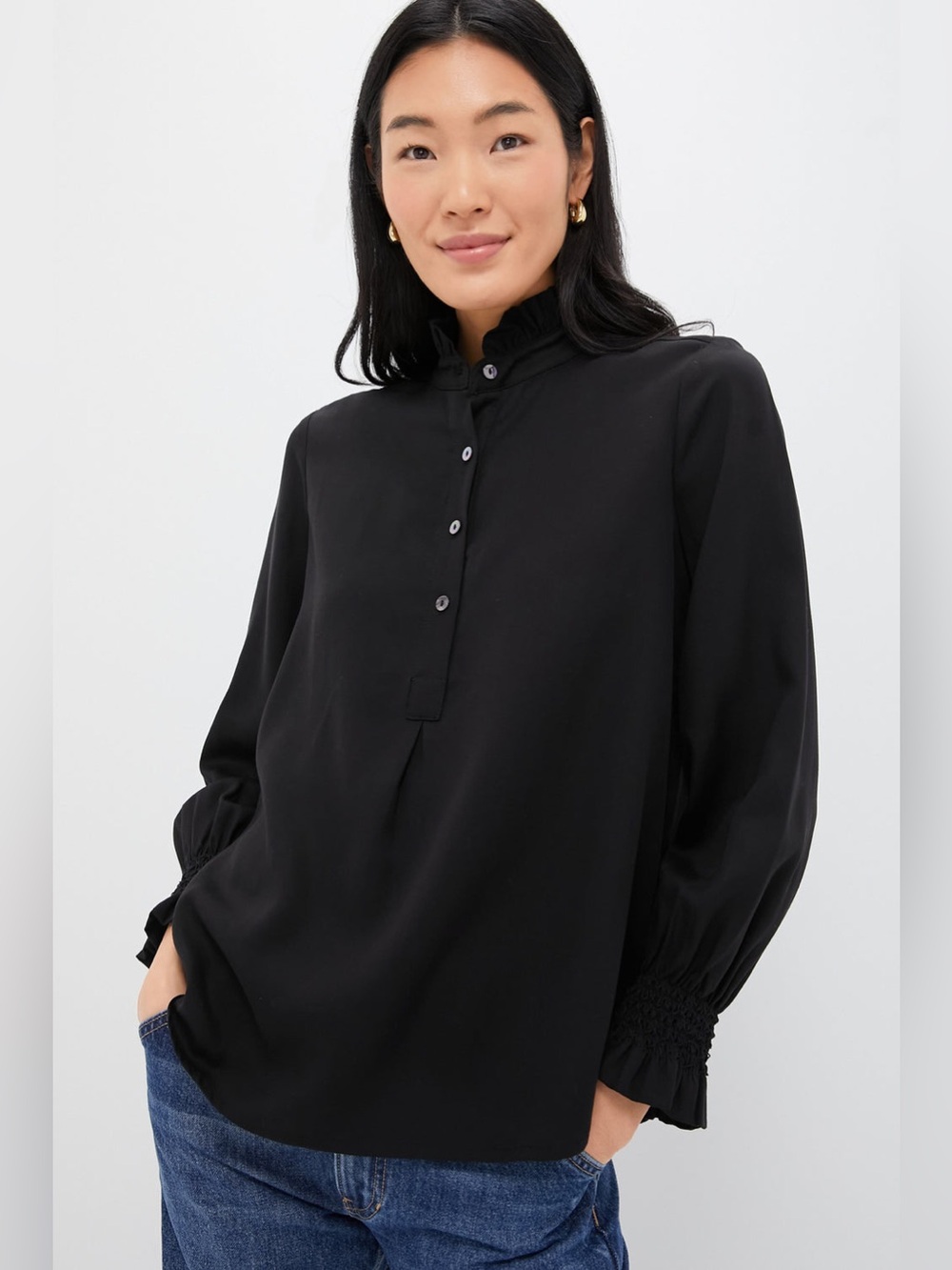 Tuckernuck Black Button-Front Blouse with Smocked Cuffs medium